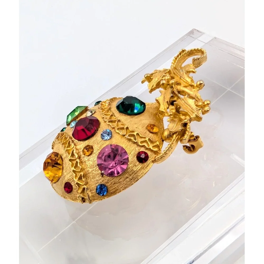 Vintage Gold Tone Ornament Brooch Rhinestone Christmas‎ Ball Statement Piece
